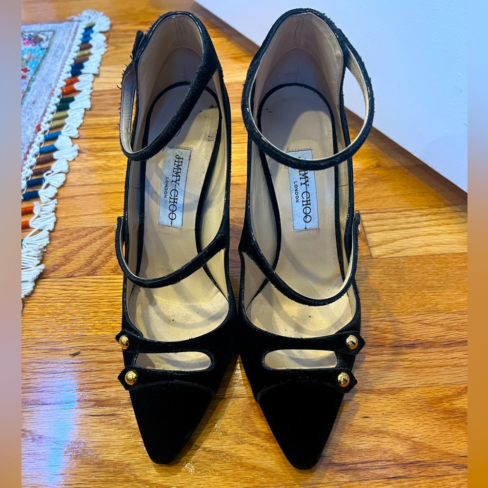 Jimmy Choo beautiful black stiletto stap pump in suede